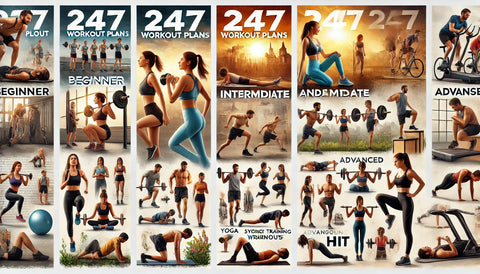 Three-part collage of sample 24/7 workout plans for beginner, intermediate, and advanced levels. Images include morning jogs, strength training, yoga sessions, and HIIT workouts, illustrating flexible and varied exercise routines.