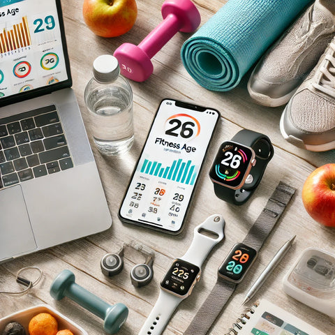 A collage of fitness tools and resources including a fitness age calculator app on a smartphone, wearable fitness trackers like Fitbit and Apple Watch, and a laptop displaying an online fitness platform. The background features a clean, organized workspace with dumbbells, a yoga mat, and healthy snacks like fruits and water, appealing to traveling professionals focused on improving their fitness age.