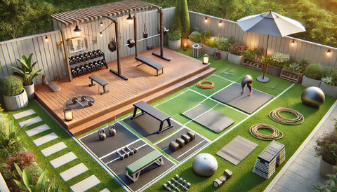 A backyard fitness zone layout with distinct areas for different workouts. Strength training equipment like dumbbells, kettlebells, and a bench occupy one zone. A cardio area features a jump rope and battle ropes. The flexibility and yoga zone includes a yoga mat, foam roller, and yoga blocks. The backyard is adorned with natural greenery, flat surfaces, shade structures, decorative lighting, and plants, creating an inviting and functional workout space.