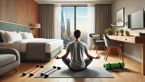 Person practicing mindfulness in a modern hotel room, seated on a yoga mat in a meditative pose, doing deep breathing exercises. The room has a comfortable bed, a desk, and a window with a serene cityscape view. Fitness gear, including resistance bands and a travel yoga mat, are neatly arranged nearby.