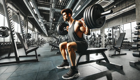 An athlete performing advanced workout techniques in a modern gym, using heavy weights for exercises like bench presses, squats, and bicep curls. The gym is equipped with various exercise machines and free weights, creating an intense and focused atmosphere that showcases the athlete's dedication and strength.