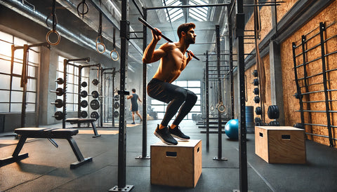 An advanced athlete performing a combination of functional and strength training exercises in a modern gym. The athlete is doing exercises like squats, pull-ups, and box jumps, showcasing dedication to advanced techniques. The gym is well-equipped with exercise machines, free weights, and functional training tools like stability balls and balance boards. The atmosphere is intense and focused.