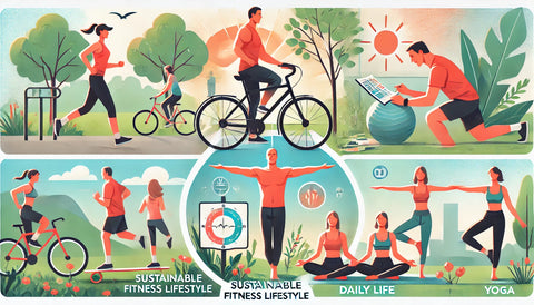A person engaging in a sustainable fitness lifestyle, performing a moderate-intensity workout indoors, enjoying a walk in the park, and practicing yoga. Friends or family members join in, creating a joyful and balanced fitness experience. The scene shows the integration of fitness into daily activities, both outdoors and indoors, with an overall ambiance of health, balance, and enjoyment.