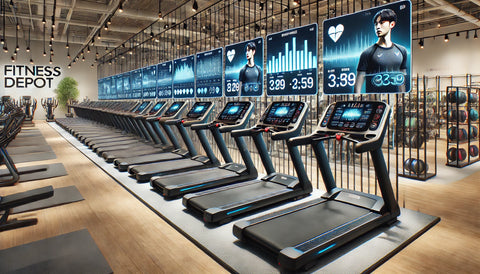 A row of advanced treadmills in a Fitness Depot showroom, featuring interactive displays and built-in heart rate monitors.