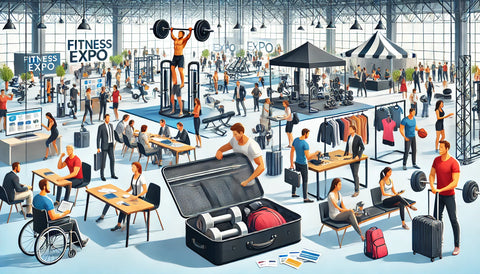 Fitness expo with attendees interacting at booths, participating in workshops, and networking. Displays of fitness gear, equipment, and innovative products are visible. In the foreground, a traveler packs a suitcase with essentials like business cards, comfortable clothing, and fitness gear. The scene highlights the excitement and professional atmosphere of the event.