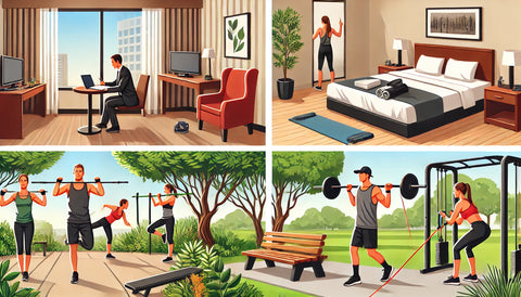 Different environments where traveling professionals adapt their workouts: a hotel room with bodyweight exercises and resistance bands, an outdoor area using natural features like benches and trees for workouts, and a gym with basic equipment. The image showcases professionals engaging in fitness routines in various settings, highlighting versatility and adaptability.
