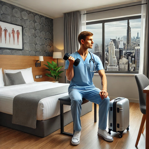 Travel nurse performing dumbbell bicep curls in a cozy hotel room with a cityscape view, showcasing the adaptability of maintaining fitness routines for busy professionals.