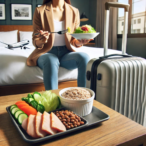 A professional traveling with a suitcase, enjoying a healthy meal with lean protein, whole grains, and vegetables in a tidy, modern hotel room with natural light.