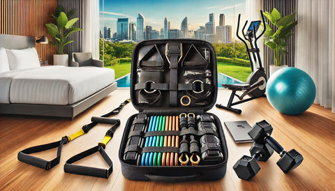 A variety of portable fitness equipment, including resistance bands, a TRX suspension trainer, and a dumbbell, neatly arranged in a compact travel bag. The background showcases different travel environments such as a hotel room, gym, and outdoor park, highlighting the adaptability and versatility of these tools for travelers.