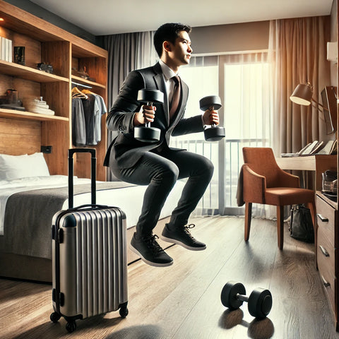 A traveling professional performing a dumbbell jump squat in a modern, compact hotel room with travel items and a suitcase in the background, showcasing the combination of cardio and strength training in a confined space while on the go.