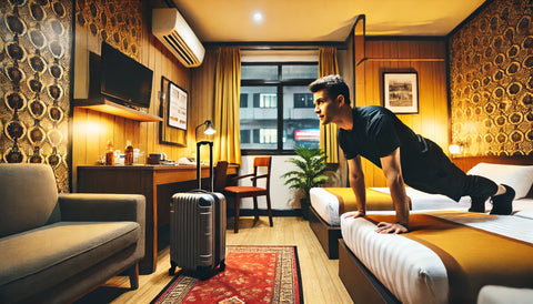 Traveler performing a high-intensity interval workout in a small, well-organized hotel room, demonstrating determination to overcome travel fitness challenges with bodyweight exercises like push-ups and squats.