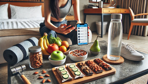 Traveler in a hotel room preparing healthy snacks like nuts, protein bars, and fruit, with a reusable water bottle nearby. The traveler is looking at a smartphone with a fitness app open, planning their workout and nutrition. The room is clean and organized, with natural light streaming through a window.