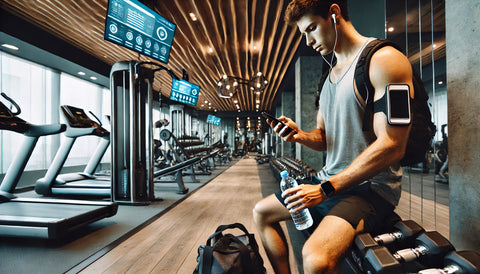 Traveler working out in a modern hotel gym, focusing on safety while exercising. The gym is well-equipped with free weights and cardio machines. The traveler carries a water bottle and uses a fitness app on their phone to track their workout. The environment is clean and well-lit, emphasizing a safe workout experience.
