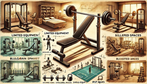 Hotel gym with various equipment, showcasing the Fitness Reality Bench in different setups for limited equipment, small spaces, and well-equipped areas. The bench is shown being used for decline push-ups, seated dumbbell shoulder presses, and Bulgarian split squats.
