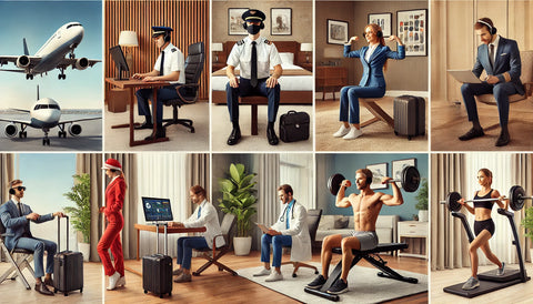 A collage showing different types of travelers using a Fitness Reality Bench in various settings: a pilot and flight attendant working out in a hotel room, a business traveler exercising before a meeting, and a travel nurse using the bench after a long shift. The images highlight the bench's portability and ease of use in maintaining fitness routines while traveling.