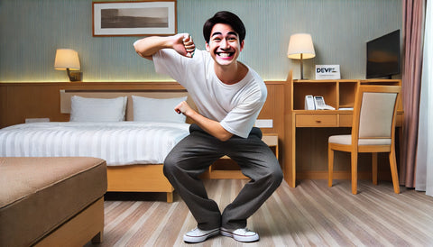 A person in a small hotel room doing a playful warm-up exercise with a big smile, incorporating funny moves like wiggling and exaggerated marching. The background features typical hotel furniture, creating a cozy and humorous atmosphere.