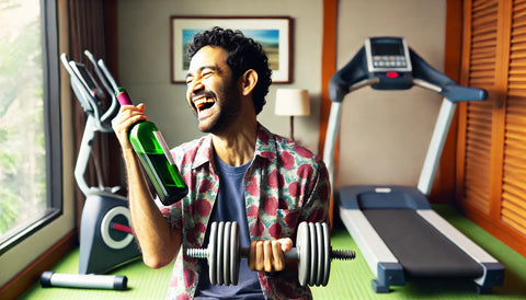 A person laughing in a small hotel gym while using a wine bottle as a dumbbell, with hotel gym equipment visible in the background. The scene captures a humorous and light-hearted moment of using unconventional items for a workout.