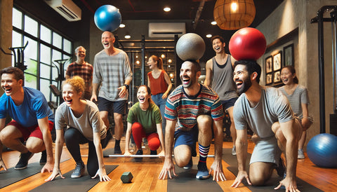A group of people working out together in a small hotel gym, laughing and enjoying a playful team challenge. They are doing funny exercises like crab walking and balancing balls on their heads. The atmosphere is lively and humorous, with typical hotel gym equipment in the background.