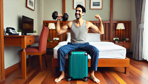 A person in a small hotel room using a suitcase as a dumbbell, smiling and enjoying their workout. The scene is humorous and light-hearted, with typical hotel furniture in the background and a relaxed atmosphere.