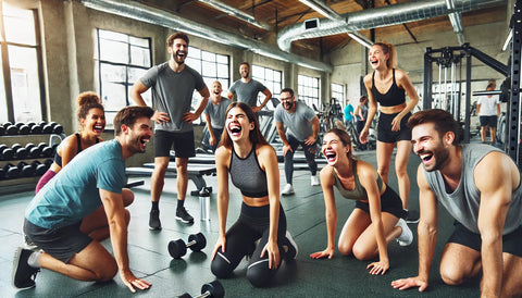 A group of people in a gym, laughing and having fun during a workout session. The gym features various equipment like dumbbells and treadmills, and the participants are engaged in a light-hearted fitness activity, creating a supportive and cheerful atmosphere.