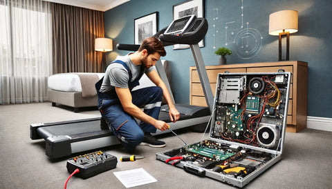 A hotel room gym with a professional technician in uniform repairing a treadmill. The scene includes complex tools, a detailed repair manual, and advanced equipment like treadmills and elliptical machines. The technician is focused, showing expertise in handling the electrical components.