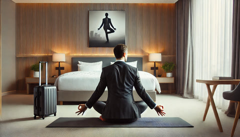 A business traveler practicing yoga on a travel-friendly mat in a serene hotel room with soft lighting and minimalist decor. The traveler is in a yoga pose, focusing on mindfulness and stress relief, promoting relaxation and mental well-being.