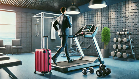A business traveler working out in an airport gym during a layover. The gym is equipped with cardio machines, weights, and shower facilities. The traveler is using a treadmill with luggage nearby, highlighting the use of layover time for fitness activities.