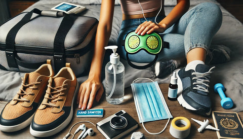 A traveler practicing good hygiene by using hand sanitizer, staying hydrated with a refillable water bottle, and relaxing with an eye mask and earplugs for better sleep. The scene includes a travel bag and fitness gear, emphasizing the importance of health and wellness while on the go.