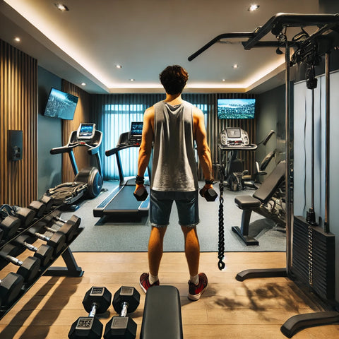 A traveler using various equipment in a small, modern, well-lit hotel gym, including dumbbells, a treadmill, and a cable machine, emphasizing flexibility and creativity in making the most of hotel gyms.