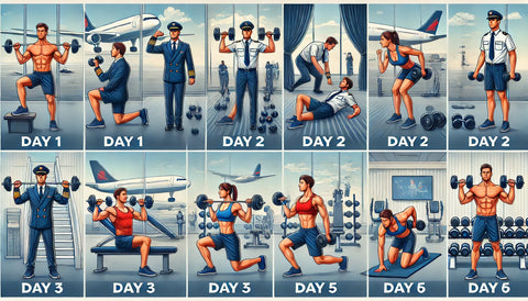 Visual representation of a 6-day split workout plan for traveling professionals, showing a pilot and flight attendant performing exercises: Day 1 - Chest and Triceps with dumbbell bench press; Day 2 - Back and Biceps with bent over dumbbell rows; Day 3 - Legs with dumbbell squats; Day 4 - Shoulders with dumbbell shoulder press; Day 5 - Core with planks; Day 6 - Full Body with burpees. Exercises are depicted in a hotel room or gym setting.