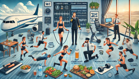 Visual representation of incorporating cardio into a workout routine for traveling professionals. Shows a pilot and flight attendant performing cardio exercises: high-intensity interval training (HIIT) with jump rope, burpees, mountain climbers, and high knees; steady-state cardio on a treadmill and stationary bike; combining cardio with strength training exercises like jump squats, push-ups, and plank. Includes images of healthy snacks, meal prep, hydration, and recovery techniques like stretching and foam rolling in a hotel room or gym setting.