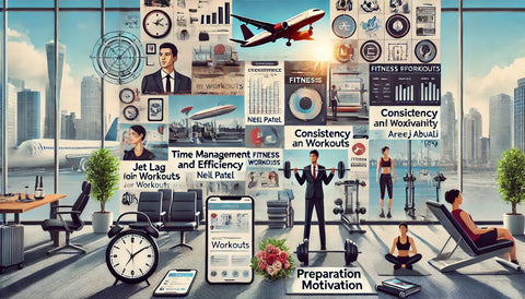 Visual representation of expert fitness advice for traveling professionals, featuring insights from Neil Patel on time management and efficiency, Areej AbuAli on consistency and flexibility, and Mayank J. on preparation and motivation. Includes images of practical tools and resources such as fitness apps, online workouts, and fitness books. Displays strategies for overcoming setbacks like dealing with missed workouts, handling jet lag and fatigue, and maintaining motivation. Settings include hotel rooms, gyms, and airport environments.