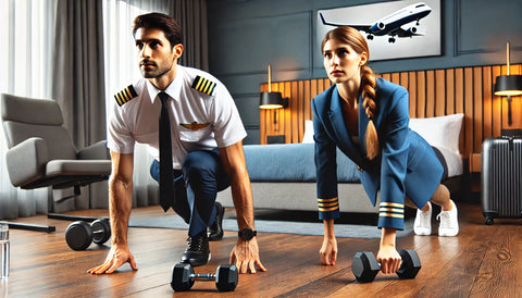 Pilot and travel nurse working out with dumbbells and resistance bands in a well-furnished hotel room, demonstrating the flexibility of the 6 day split workout plan for busy professionals.