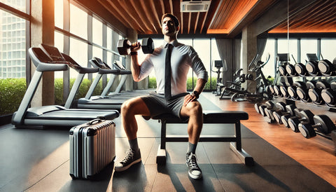 A traveling professional performing a dumbbell bench press on the floor of a well-lit, modern hotel gym, illustrating the first day of a 5-day split workout plan focusing on chest and triceps.