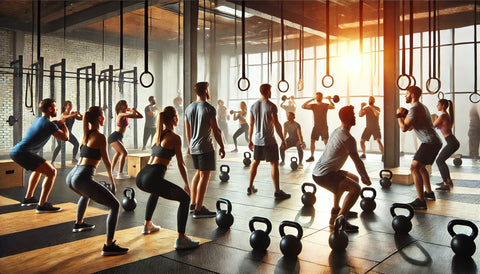 A group of professionals participating in a kettlebell workout class in a modern gym, rotating through exercises like kettlebell swings, goblet squats, and presses, showcasing the energetic and collaborative atmosphere of group training.