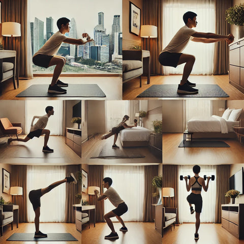 Inner thigh exercises performed in a modern hotel room, featuring sumo squats, side lunges, and leg lifts with minimal equipment like a yoga mat, resistance bands, and dumbbells, ideal for travel nurses and frequent flyers.