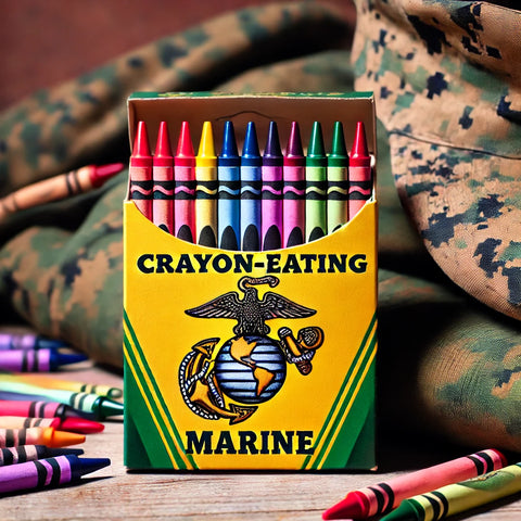 A colorful box of crayons with a Marine Corps emblem on the front, set against a backdrop of subtle camouflage and military-themed elements, symbolizing the origins of the "crayon-eating Marine" joke in USMC culture.