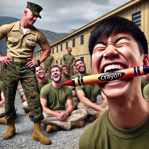 New Marine recruits laughing in a boot camp setting, with one recruit holding a crayon playfully, while a drill instructor observes in the background. The scene reflects the initiation into Marine Corps culture and the lighthearted crayon-eating joke amid military training.