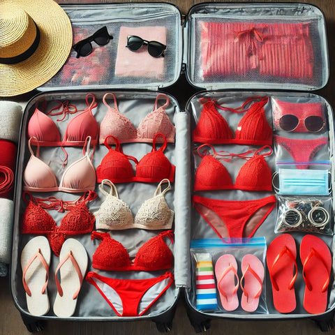 A suitcase neatly packed with multiple red string bikini sets, organized using mesh bags and ziplock pouches. Complementary beach essentials like a cover-up, flip-flops, sunglasses, a beach towel, and a wide-brimmed sun hat are also included. A wet/dry bag is present for damp swimwear, showcasing efficient packing for a longer beach vacation.