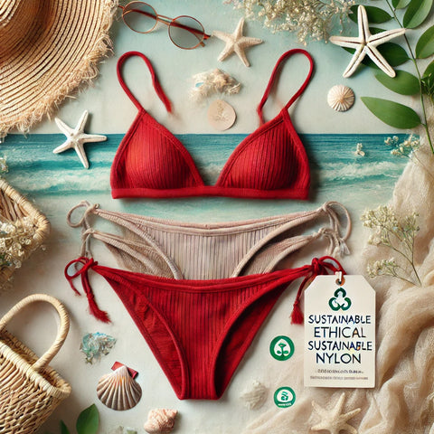 Sustainable red string bikinis made from eco-friendly materials, displayed on a beach-themed background with seashells and a soft ocean backdrop. Ethical tags and a straw bag with sunglasses emphasize the focus on conscious swimwear choices.
