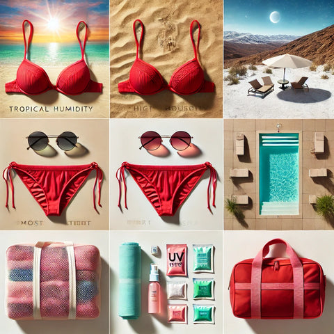 Red string bikini set displayed across different climates: tropical beach with high humidity, desert with strong sunlight, and snowy mountain resort with a heated pool. Travel essentials like a mesh bag, moisture-absorbing packets, UV-protectant spray, and towel are shown to protect the bikini in various environments.