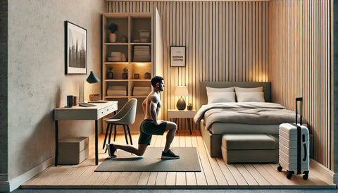 Traveler performing lunges in a hotel room, using bodyweight exercises to overcome limited equipment and space. Minimalist furniture is pushed aside to create a small, organized workout area.