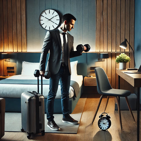 A busy professional in a modern hotel room performing a quick dumbbell workout during a short layover. The room is compact, with a bed and suitcase nearby, highlighting the efficiency of fitting in a workout during limited travel time. The person is focused, maximizing their fitness routine in a small space.