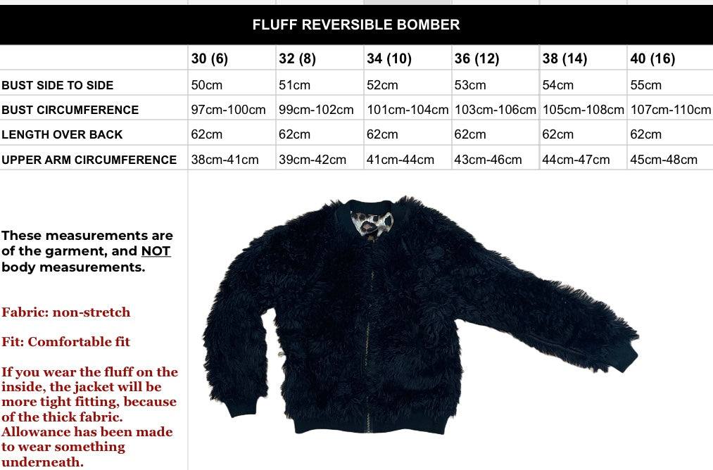 product measurements size chart bomber jacket