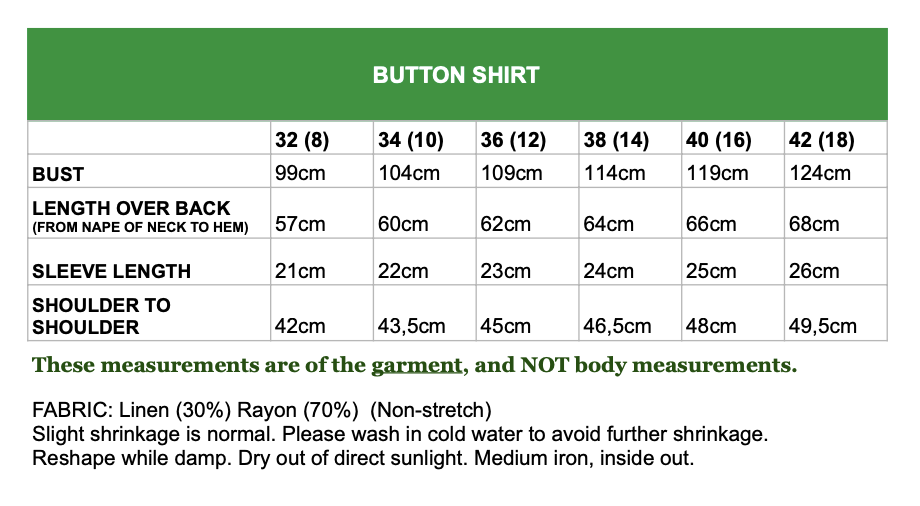 button shirt size chart