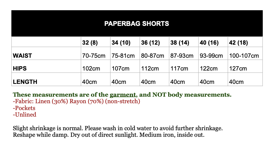 shorts shize chart