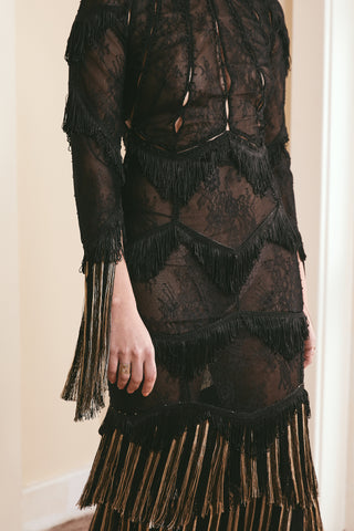 textured lace and fringe dress rouba g