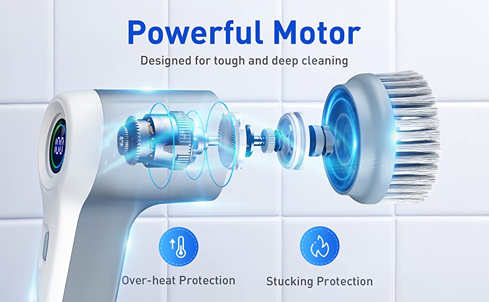 Exfeeko Electric Spin Scrubber, Cordless Bath Tub Power Scrubber with Long Handle & 7 Replaceable Heads, Detachable As Short Handle, Shower Cleaning