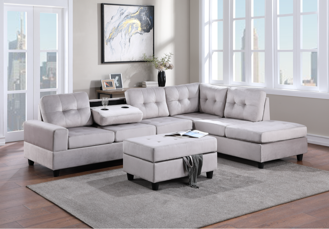 Silver Sectional with Ottoman & Cupholders