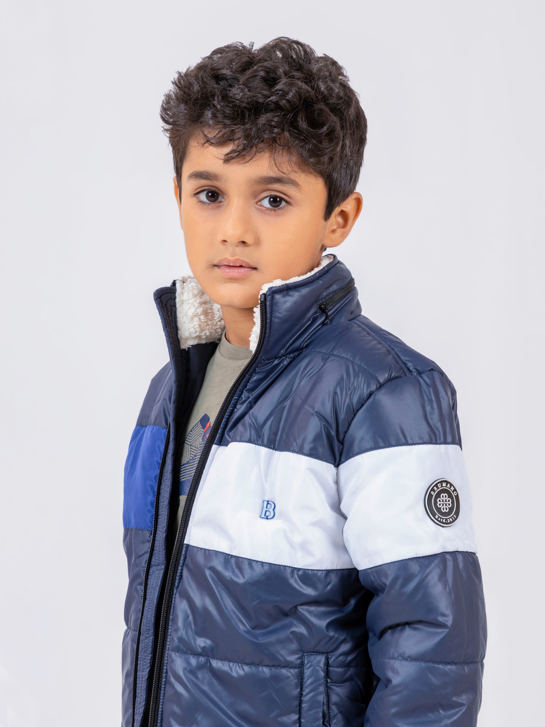 Navy Blue & White Casual Puffer Jacket With Sherpa & Hidden Hoodie